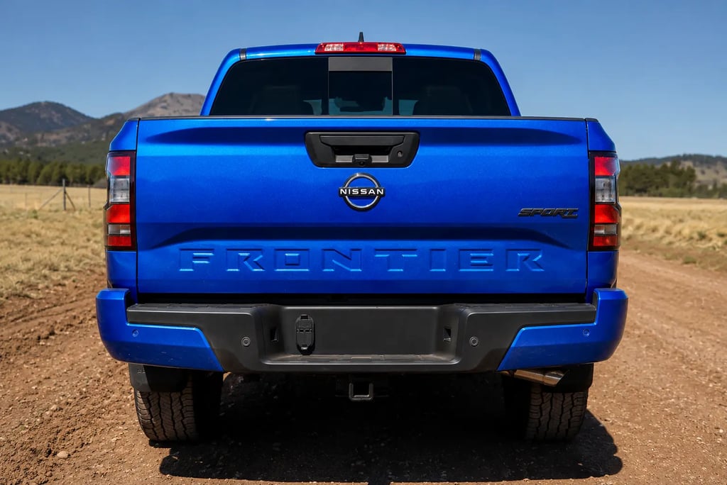 Traseira da Nissan Frontier Sport Edition 2027 azul em estrada de terra