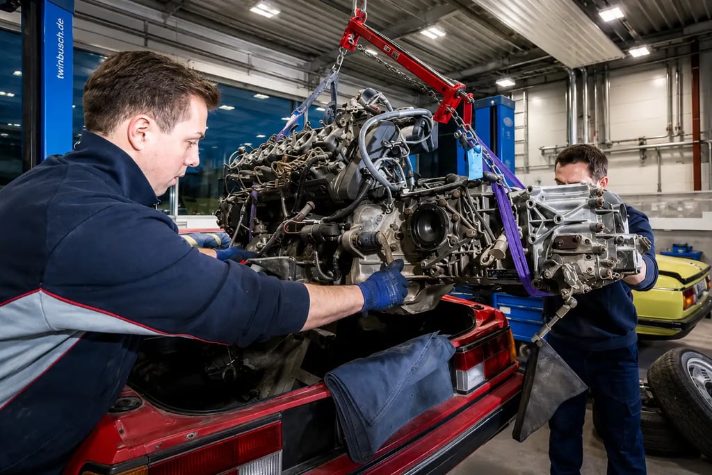 Equipe técnica realizando a retirada do motor de um veículo para manutenção