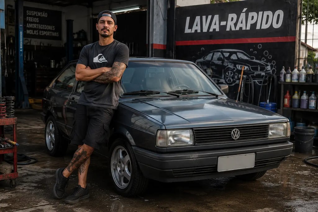 Mecânico ao lado de um Volkswagen Gol quadrado em oficina automotiva.