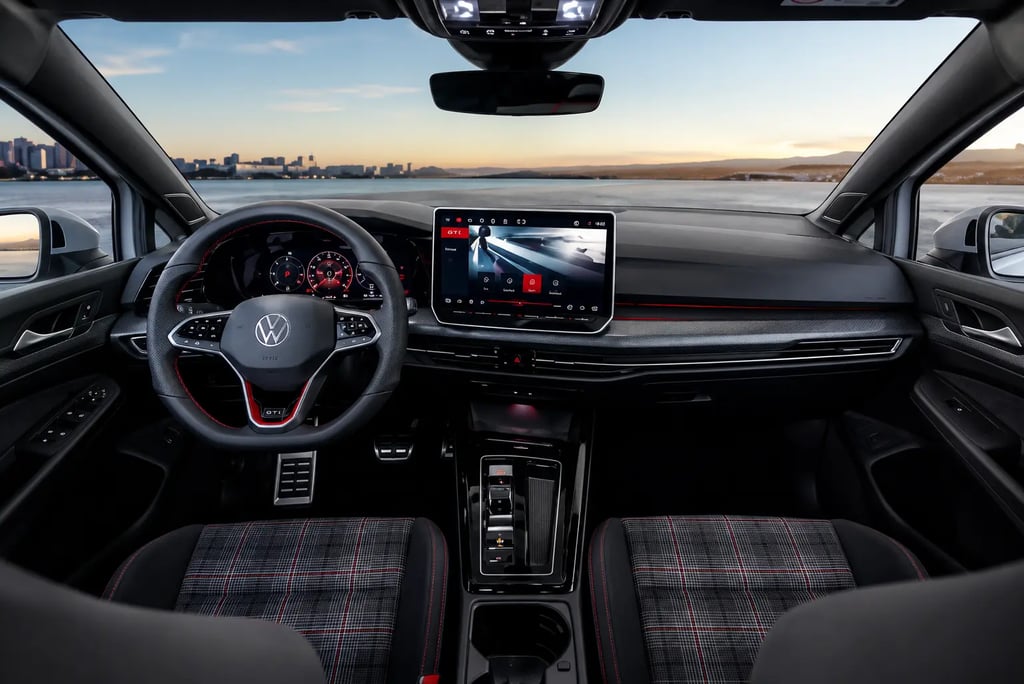 Interior do Volkswagen Golf GTI 2026 com painel digital e central multimídia em destaque.