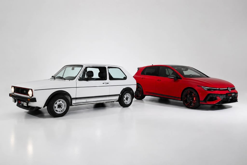 Volkswagen Golf GTI clássico branco ao lado da nova geração vermelha em estúdio minimalista
