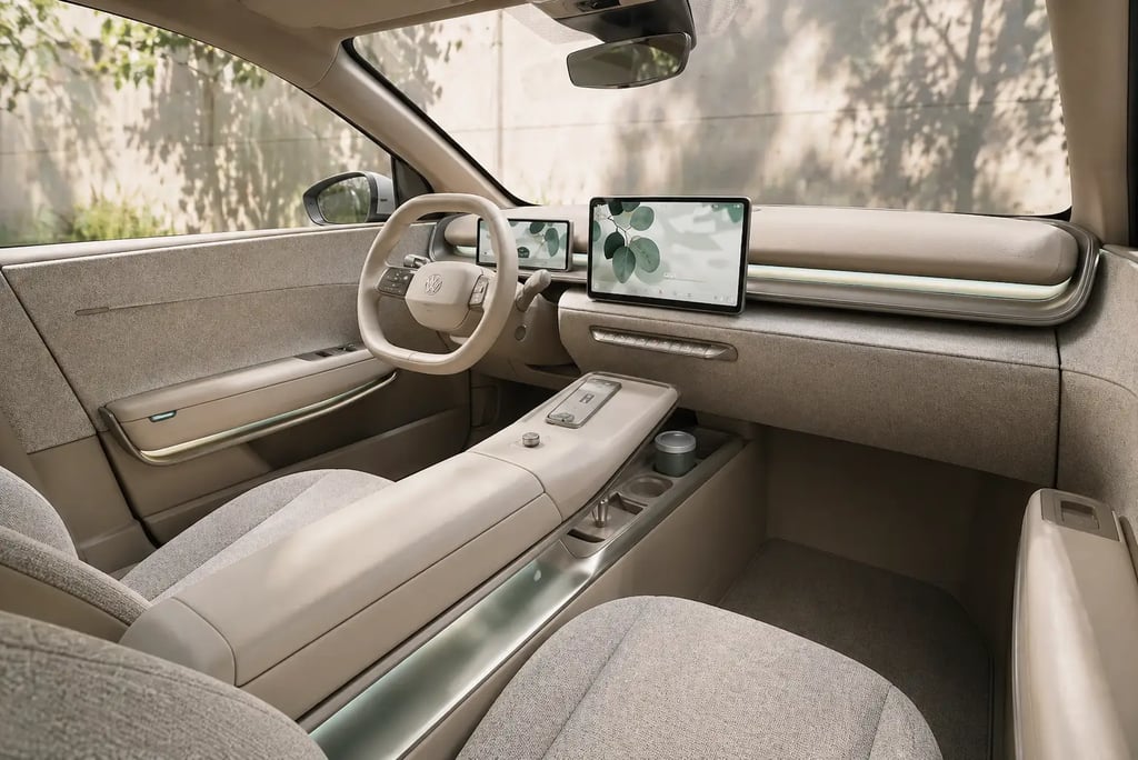 Interior do Volkswagen ID Cross com design minimalista e acabamento claro moderno