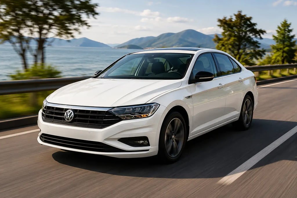 Volkswagen Jetta branco em movimento em rodovia com cenário moderno ao fundo