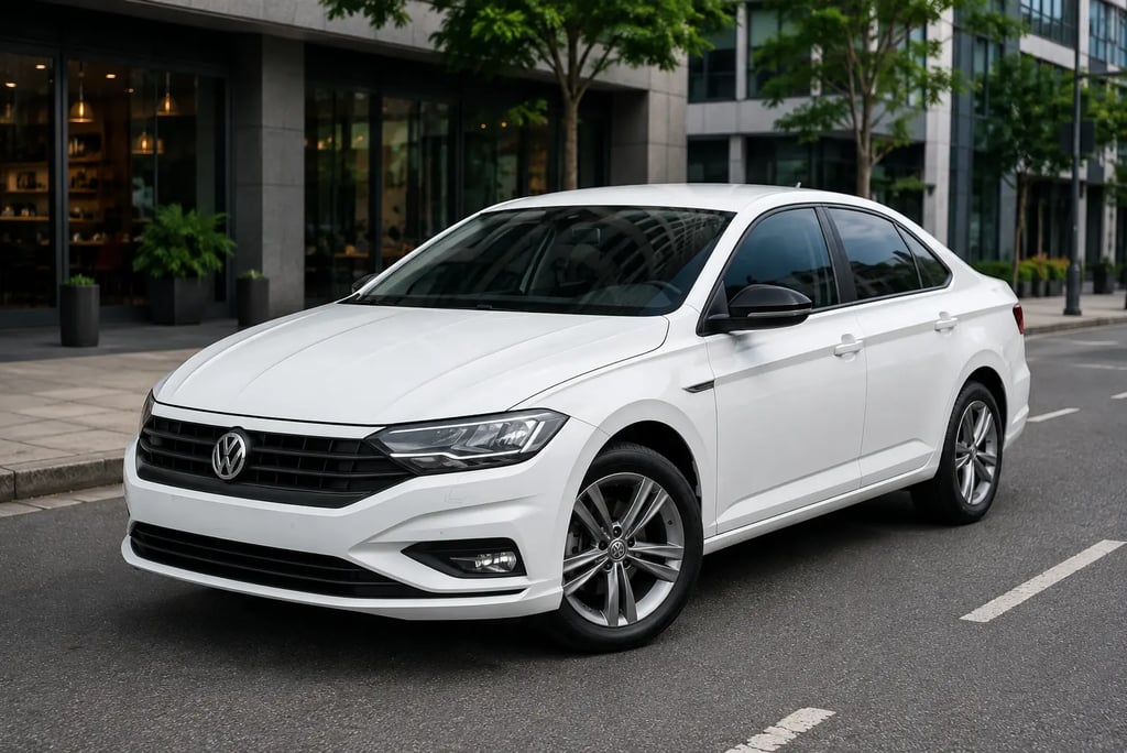 Volkswagen Jetta branco estacionado em cenário urbano moderno.
