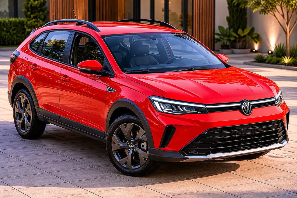 Volkswagen Nivus vermelho estacionado em cenário urbano moderno.