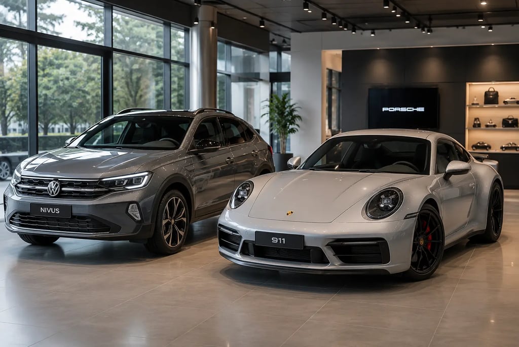 Volkswagen Nivus e Porsche 911 lado a lado em showroom interno