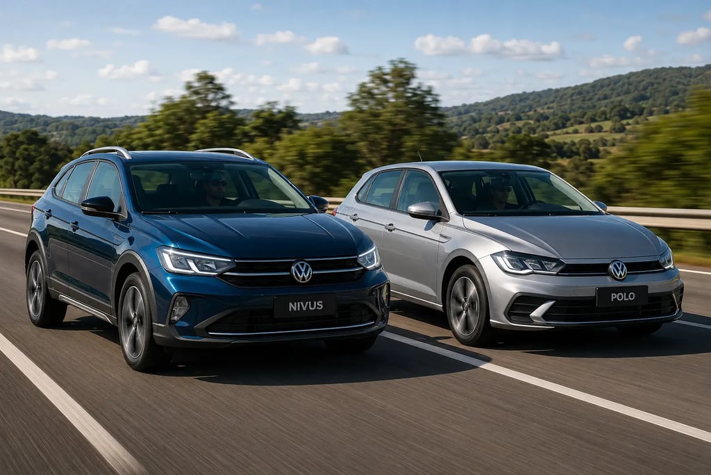 Volkswagen Polo e Nivus lado a lado em movimento durante comparativo na rodovia