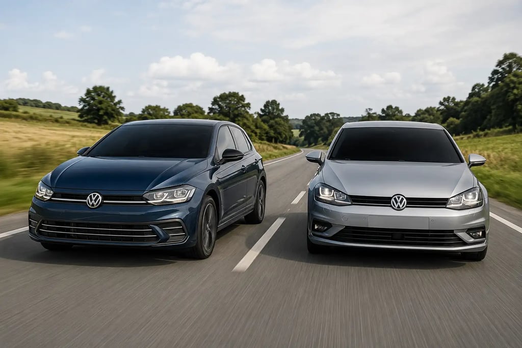 Volkswagen Polo Highline 2024 e Golf Comfortline 2019 lado a lado em rodovia