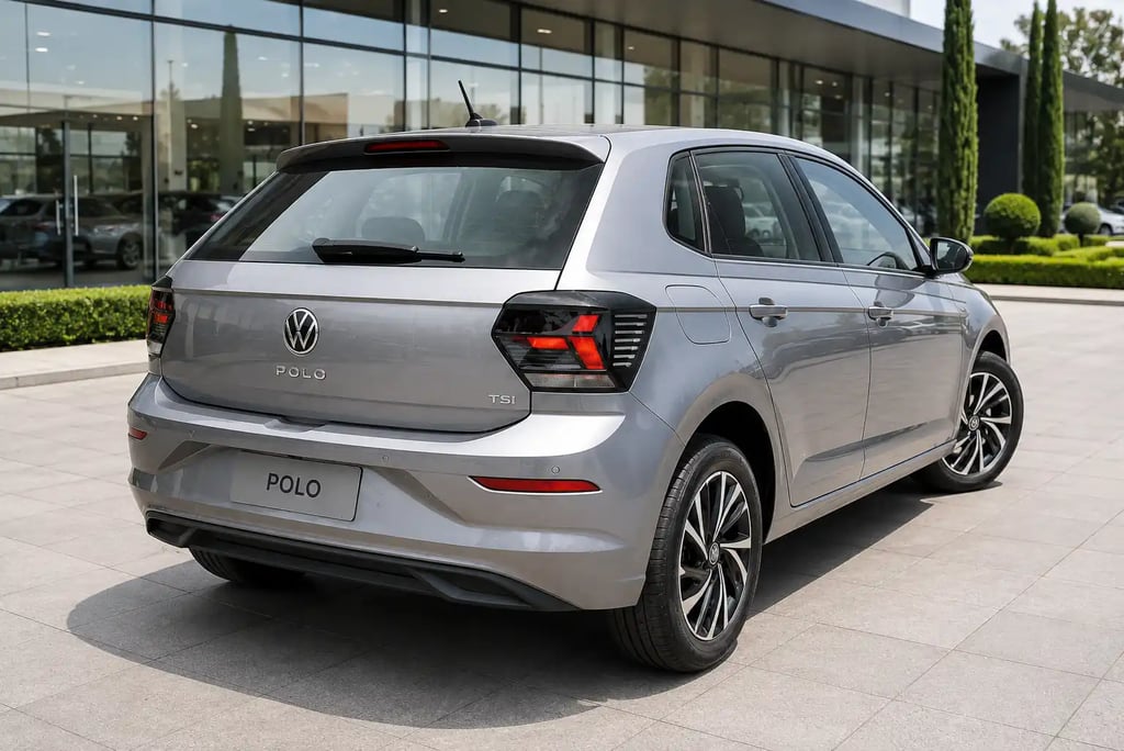 Volkswagen Polo Highline prata visto de traseira em frente a showroom