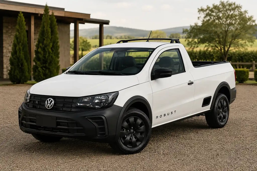 Volkswagen Saveiro Robust branca em showroom externo com cenário rural