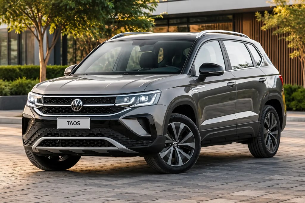 Volkswagen Taos cinza estacionado em cenário urbano moderno.