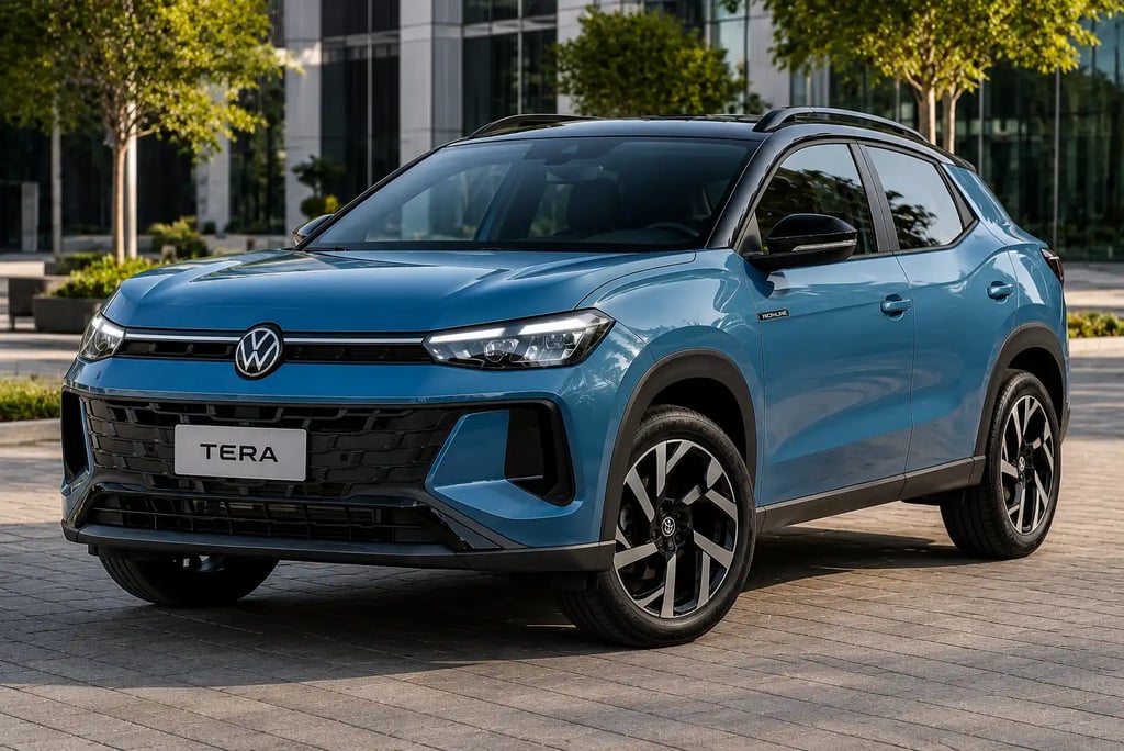 Volkswagen Tera azul estacionado em cenário urbano moderno.