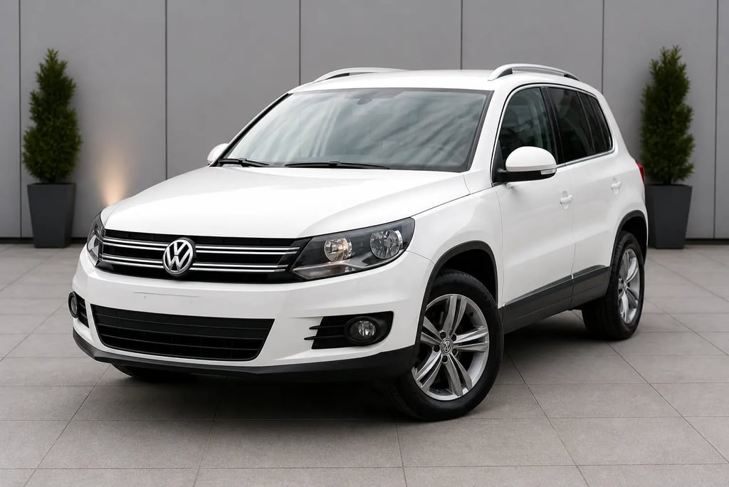 Volkswagen Tiguan branca em ambiente de showroom externo neutro sem placa dianteira