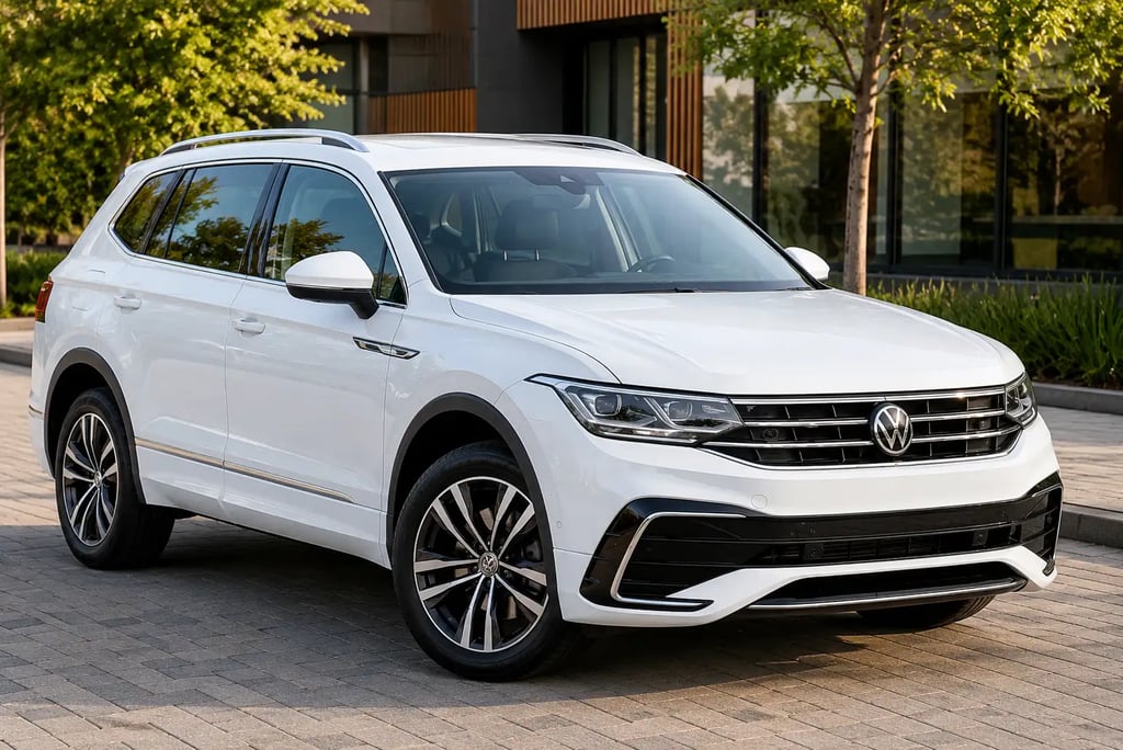 Volkswagen Tiguan branco estacionado em cenário urbano moderno.