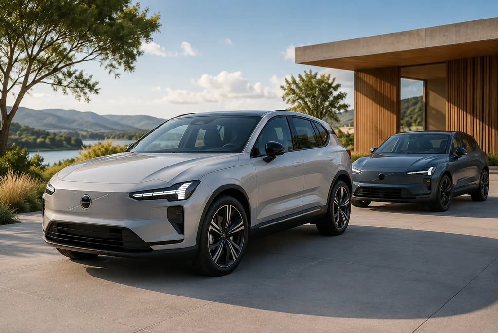 Dois SUVs elétricos da Volvo com design Martelo de Thor estacionados em área moderna ao ar livre