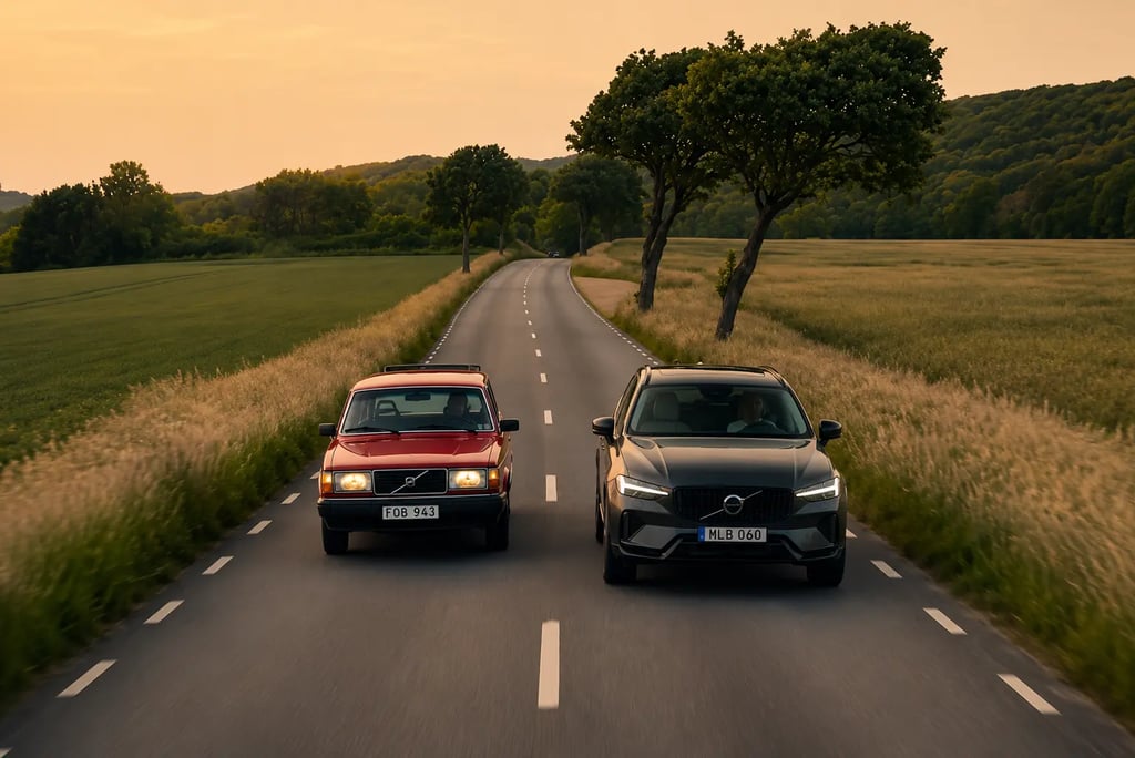 Volvo XC60 e clássico Volvo 200 Series lado a lado em estrada rural