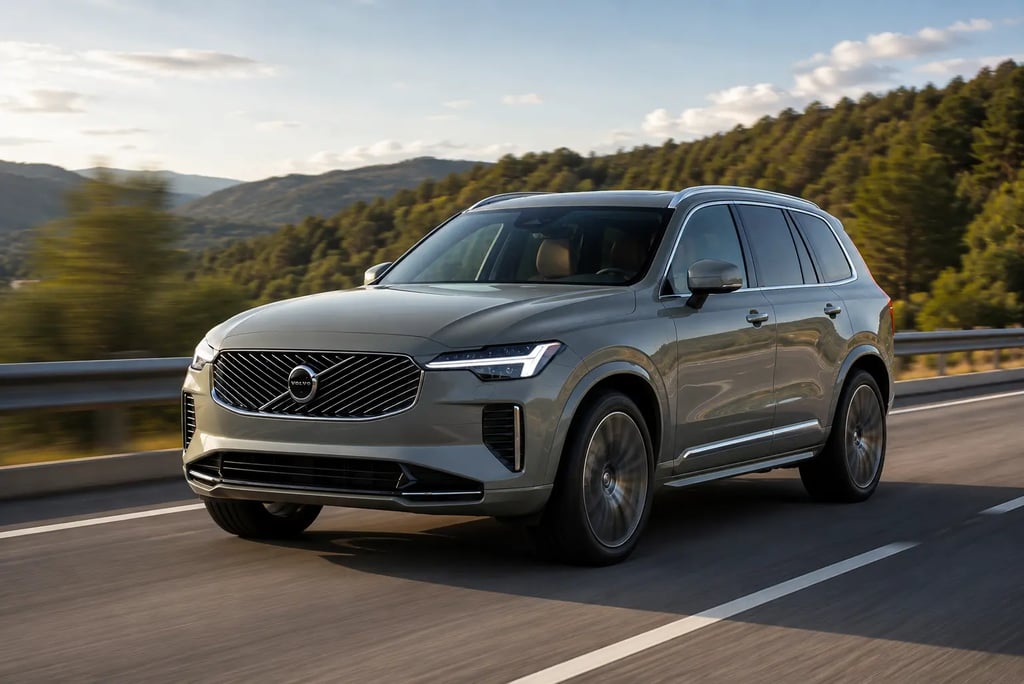 Volvo XC90 híbrido cinza em movimento em rodovia com visual premium