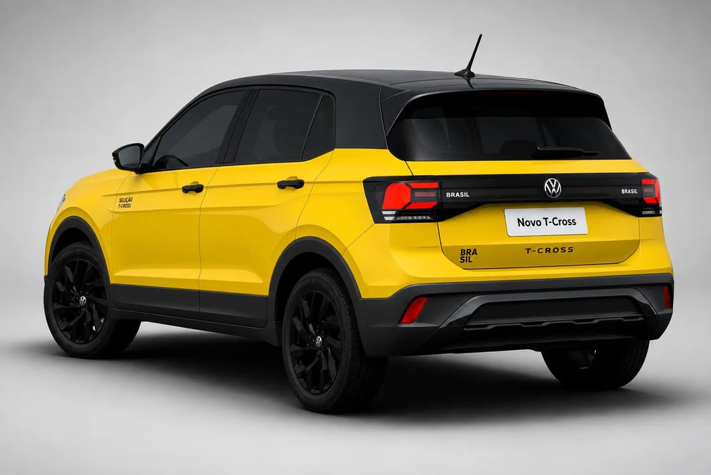 Volkswagen T-Cross Canarinho amarelo visto pela traseira em estúdio