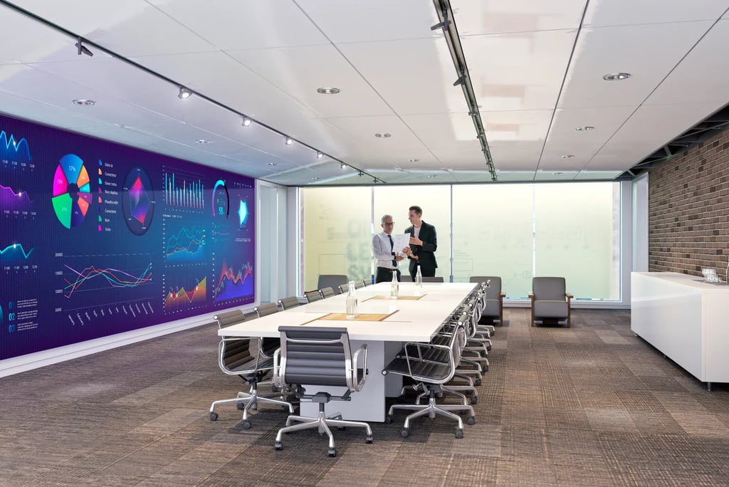 Modern conference room with data analytics wall display and professionals meeting.