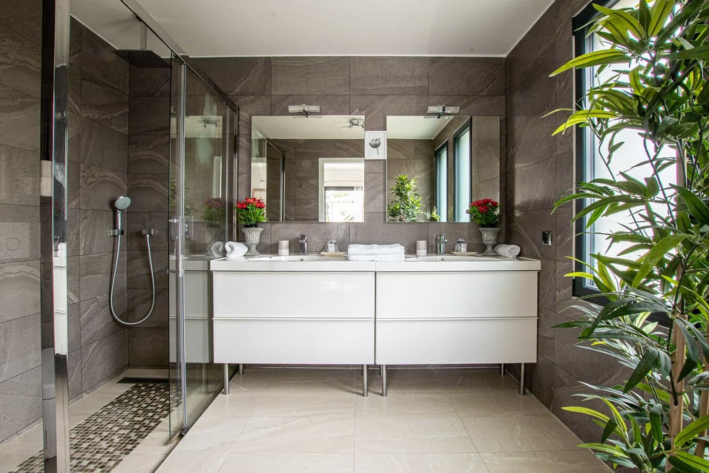 a bathroom with a large mirror and a shower