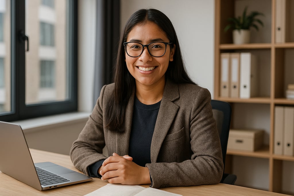 a woman in glasses and a suit jacket sitting at a desk