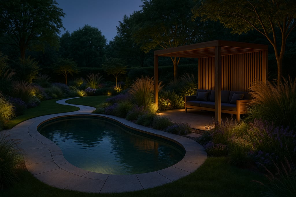 a pool with a bench and a bench in the middle of the yard  | Nour Nagy Designs