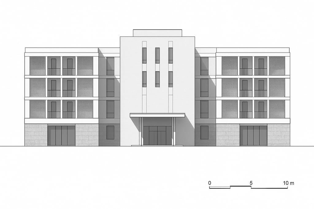 a drawing of a building with a large building in the background  | Nour Nagy Designs