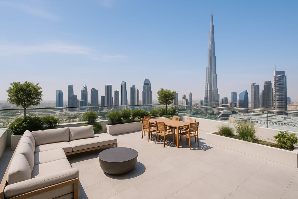 a rooftop patio with a table and chairs  | Nour Nagy Designs