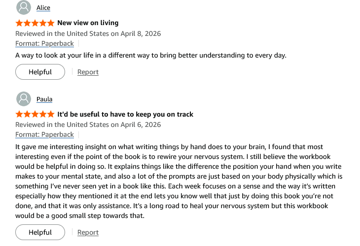 Five-star Amazon customer reviews for a paperback workbook about nervous system healing and mindfulness.