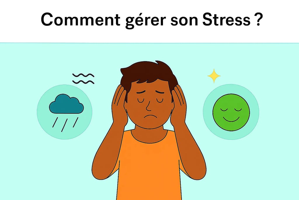 Homme stressé entouré d’icônes représentant un nuage de pluie et un visage souriant, illustrant la gestion du stress, recherc