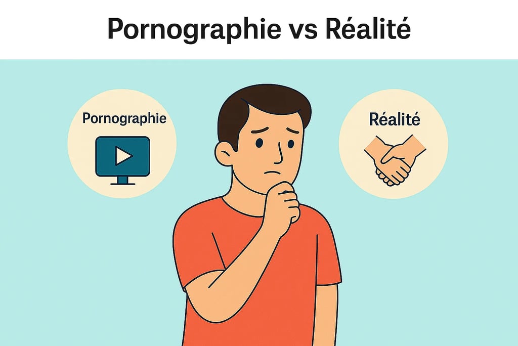 Illustration d’un homme confus face à la différence entre pornographie et réalité relationnelle, recherchesante.com