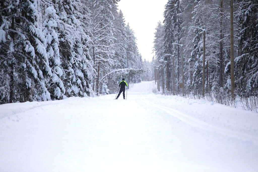 a person cross country skiing down a snowy path