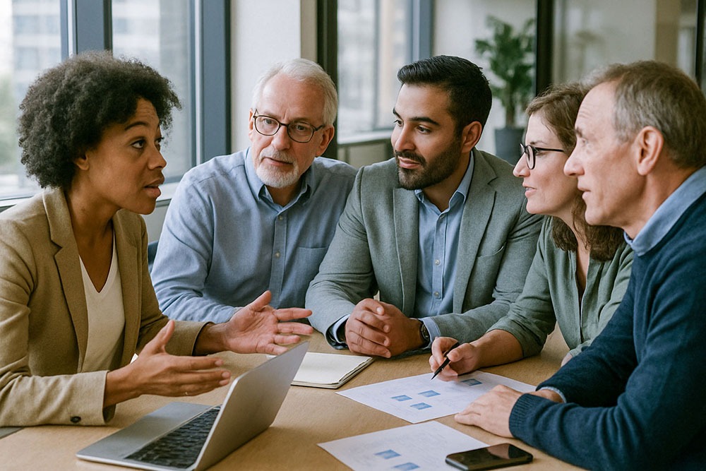 Staffing and recruiting professionals in a business meeting, engaged in discussion about the best hiring solutions