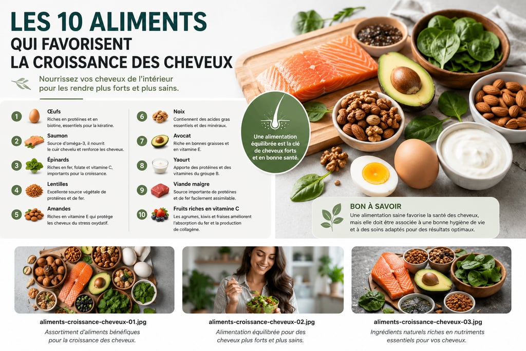 Aliments riches en protéines, vitamines et oméga-3 pour favoriser la croissance des cheveux.