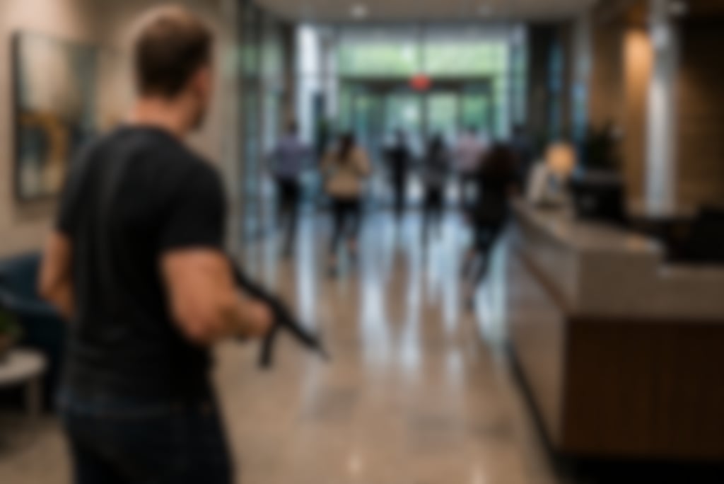 male brandishing a rifle in a business lobby as employees run out of the building