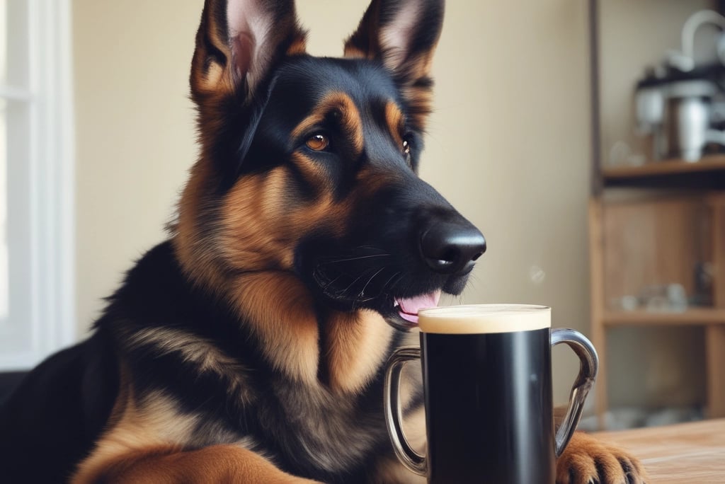 a dog is sitting on a table with a cup of coffee