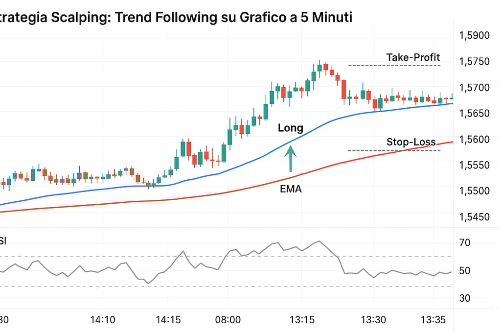 grafica della strategia scalping applicata su un grafico a 5 minuti.