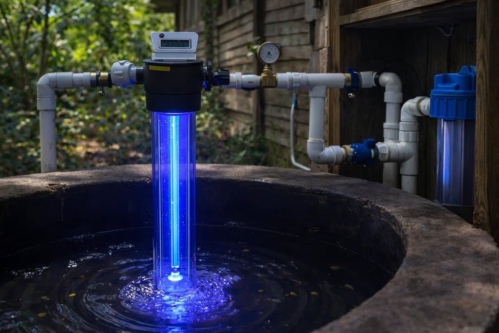 Sistema de potabilización de agua de pozo con luz ultravioleta y filtros instalado en vivienda rural