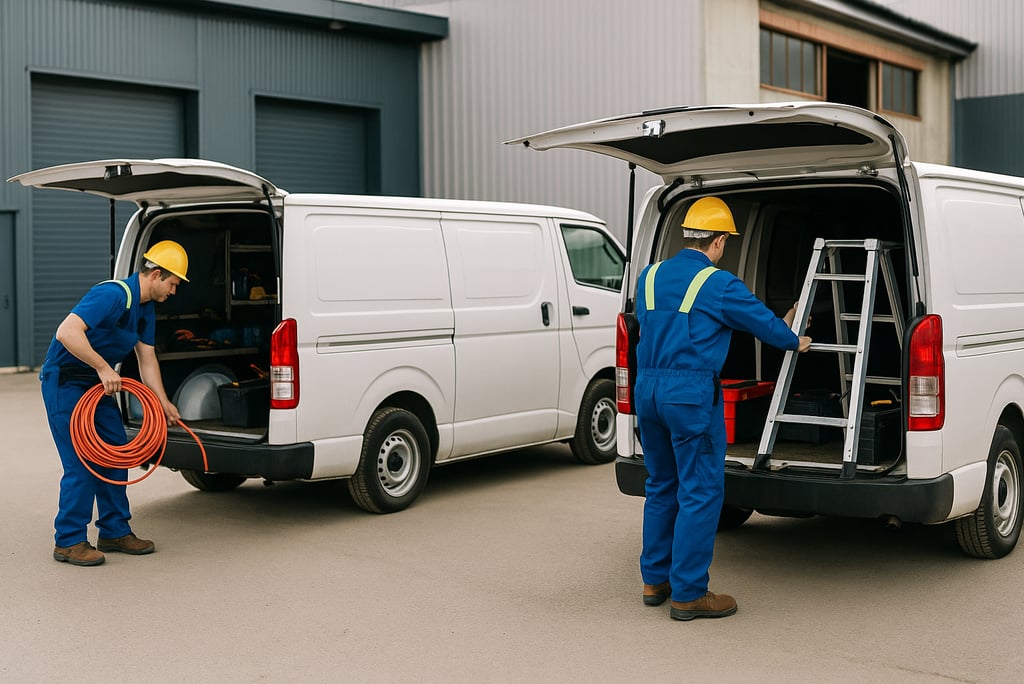 Elektriker laden Werkzeuge in Transporter für bundesweiten Montageeinsatz – zeigt Mobilität und Flex
