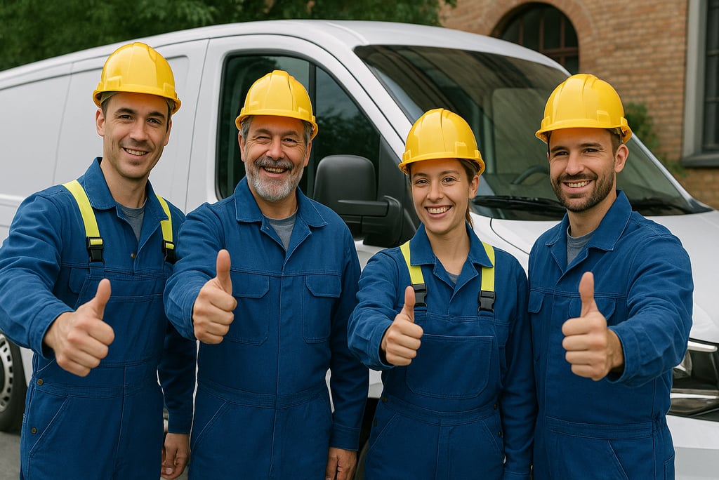 Zufriedenes Elektriker-Team gibt Daumen hoch vor Firmenfahrzeug – Symbol für erfolgreiche Projekte u