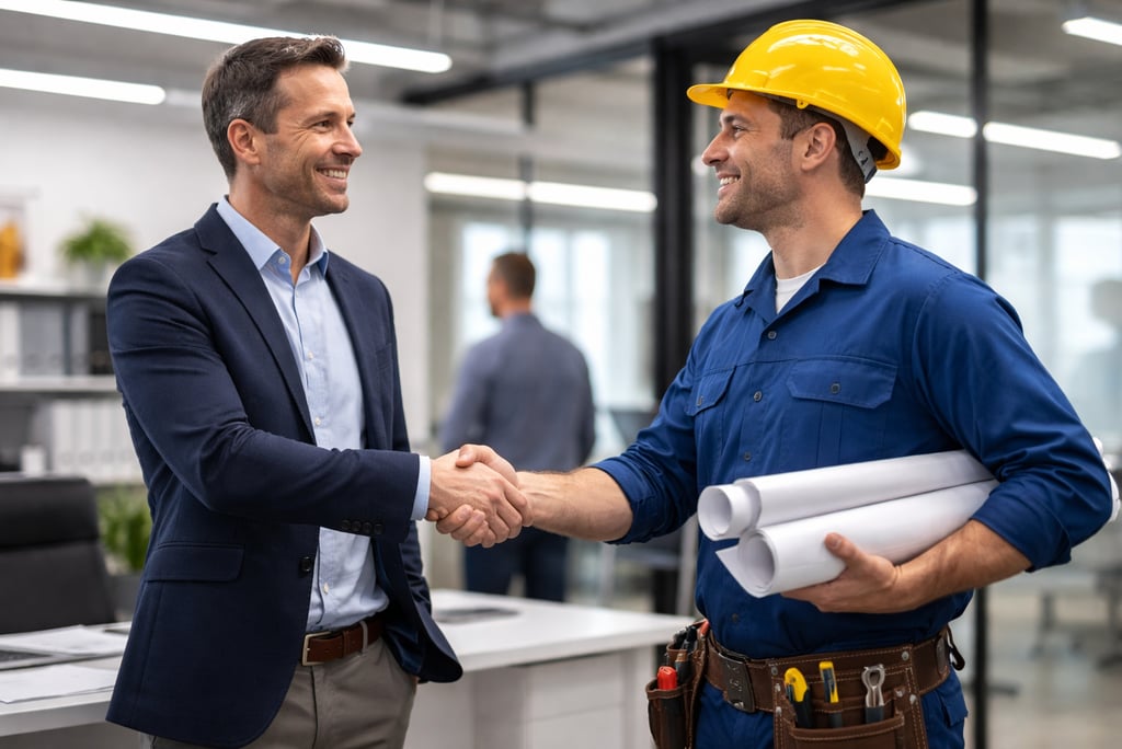 Geschäftsführer begrüßt Elektriker in Uniform – Symbol für erfolgreiche Fachkräftevermittlung und Zu