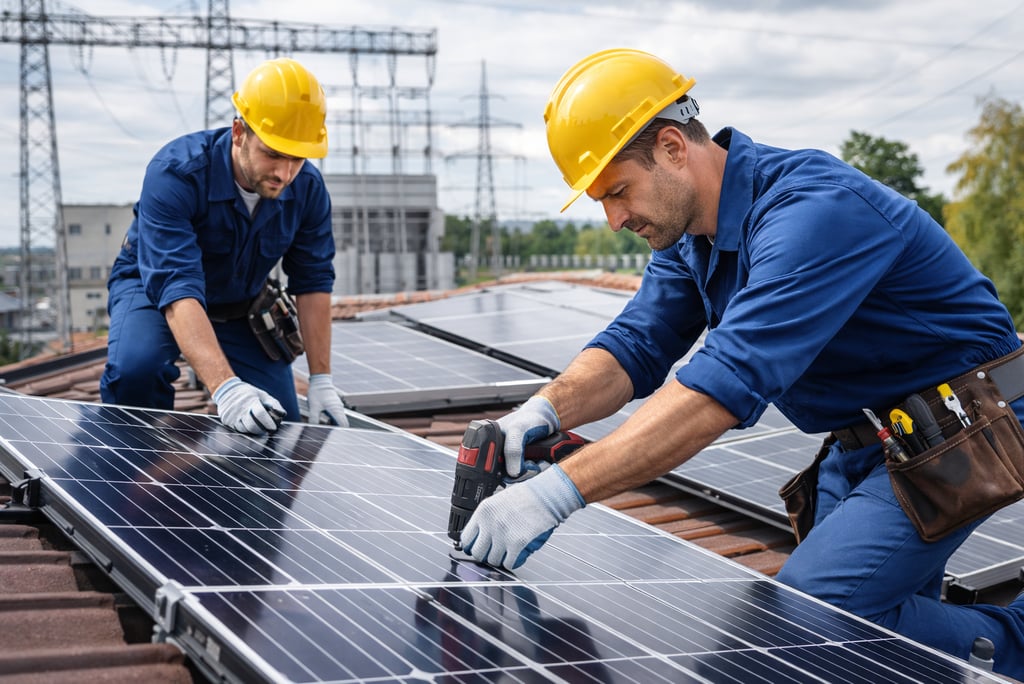 Elektriker montieren Solarpanels auf einem Dach – zeigt den steigenden Bedarf an qualifizierten Fach