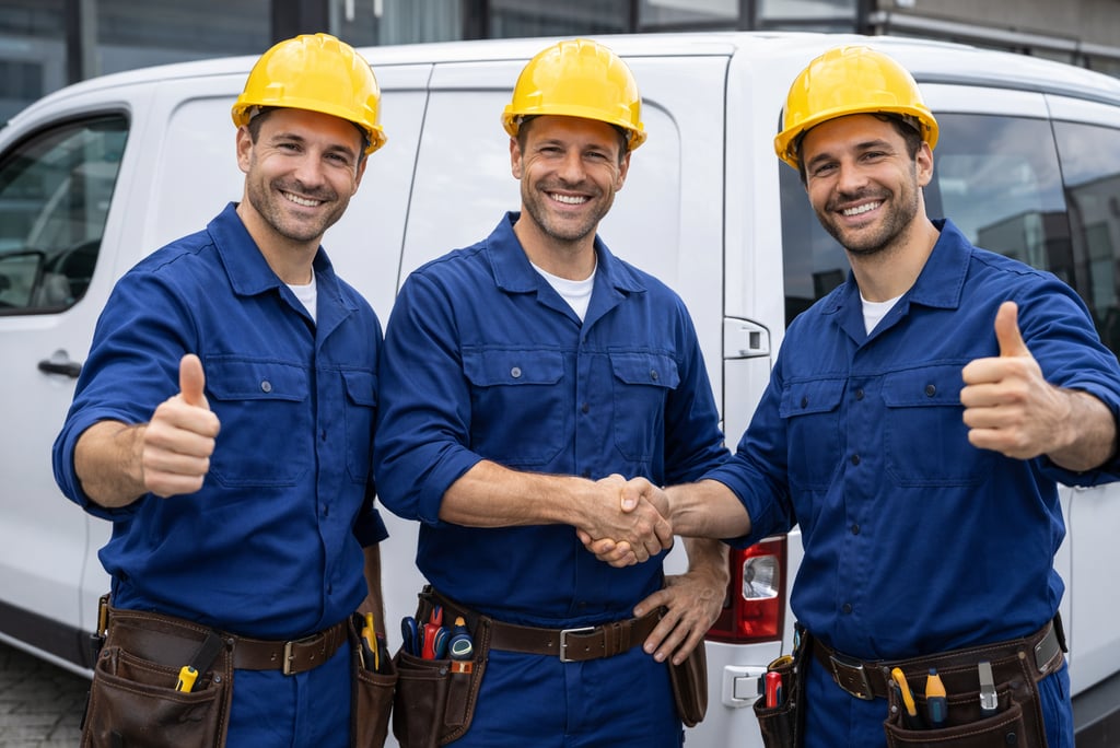 Zufriedene Elektriker-Fachkräfte geben Daumen hoch vor Firmenfahrzeug – Symbol für erfolgreiche Proj