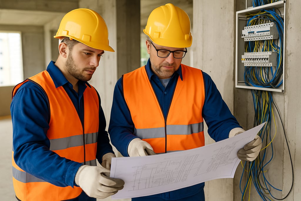 Zwei Elektriker mit Schutzhelmen und Warnwesten prüfen Baupläne vor einem offenen Elektroschaltkaste