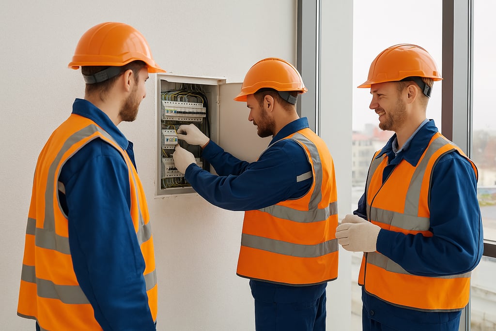 Drei Elektriker in orangefarbenen Warnwesten installieren gemeinsam eine Schalttafel in einem modern