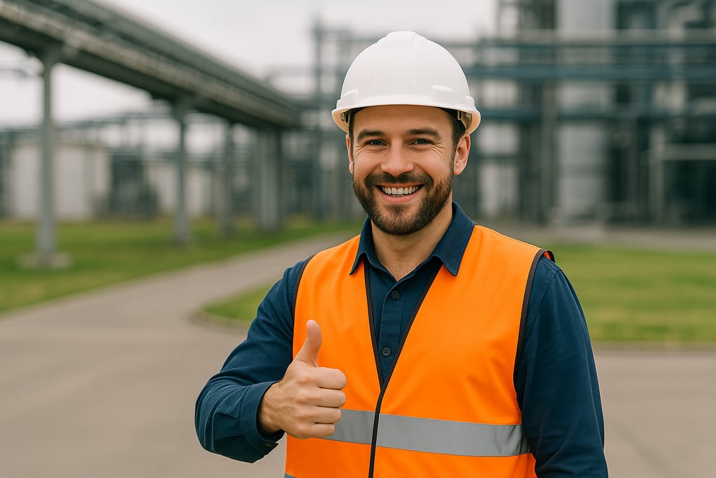 Lächelnder Elektriker mit weißem Schutzhelm und orangefarbener Warnweste zeigt Daumen hoch auf einem