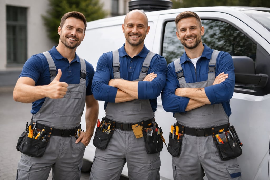Zufriedene Elektriker stehen vor Firmenfahrzeug – symbolisiert Vertrauen, Qualität und erfolgreiche 