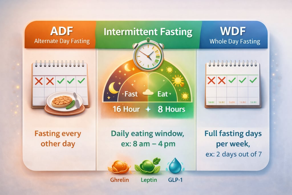 Figura 2. Ilustração (Nutro AI) — Principais métodos de jejum intermitente (imagem gerada).