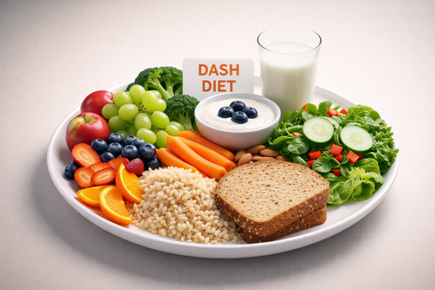 Figura 2 — Exemplo visual do padrão DASH (Render 3D; imagem gerada pelo Nutro AI).