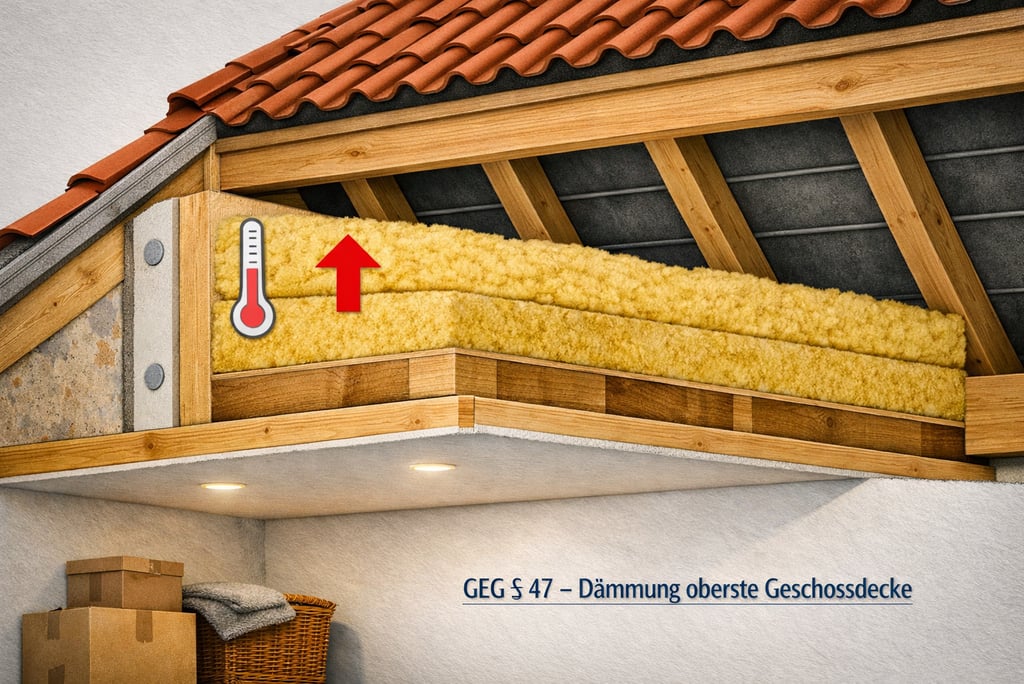Querschnitt eines gedämmten Dachbodens mit Mineralwolle zwischen Holzbalken gemäß GEG 